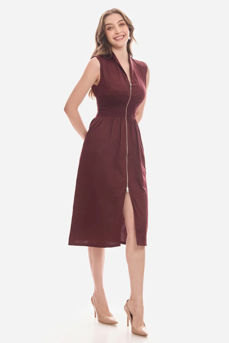 Virgio Solid Cotton Waist Smocked Midi Dress for Women