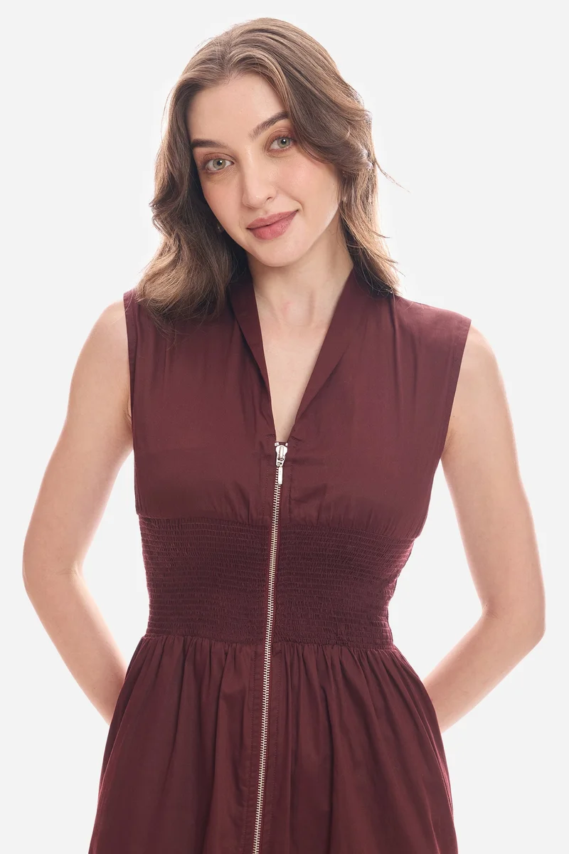 Virgio  Solid Cotton Waist Smocked Midi Dress for Women for Women | Best Price UAE