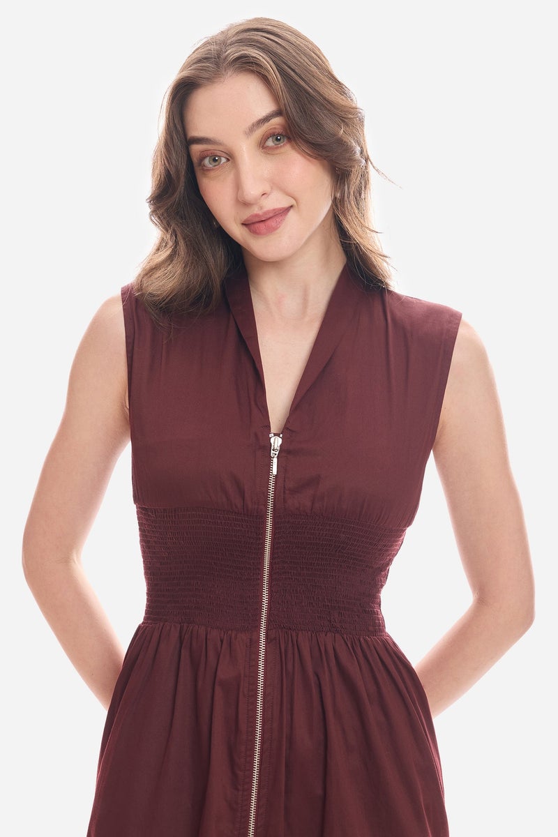 Virgio Solid Cotton Waist Smocked Midi Dress for Women - Image 5