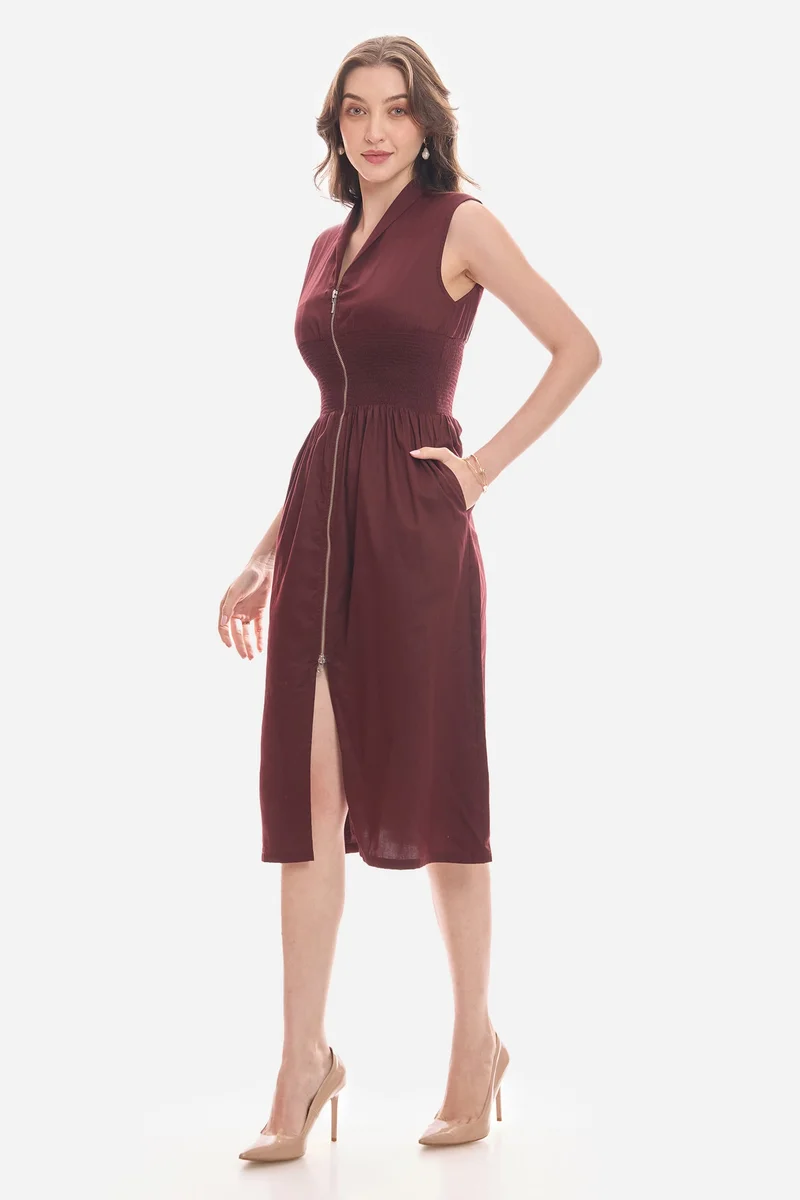 Virgio  Solid Cotton Waist Smocked Midi Dress for Women for Women | Best Price UAE