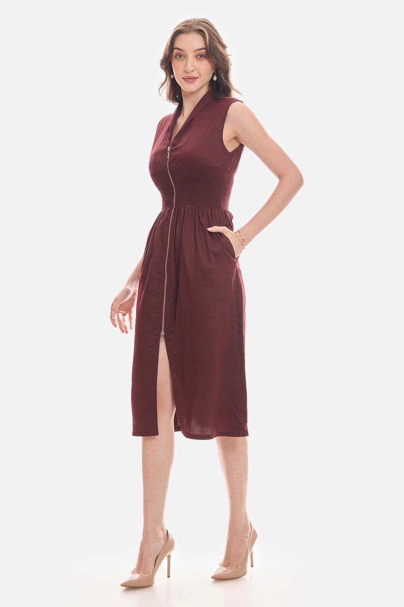 Virgio Solid Cotton Waist Smocked Midi Dress for Women - Image 3