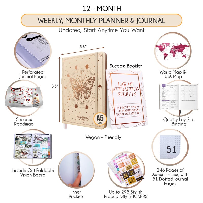 Freedom Mastery Hourly Planner - Undated Weekly & Monthly Planner, 12-Month Journey to Increase Productivity | Gratitude Journal, Life Organizer & Goal Journal | Include Foldable Vision Board, Habit Tracker & Sticker - Image 2