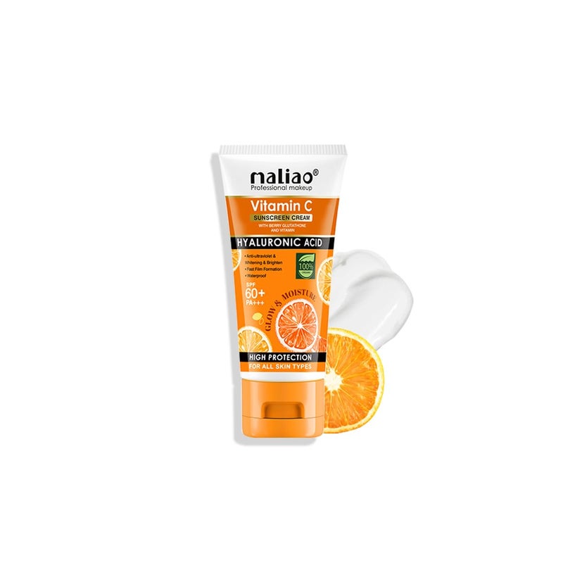 Maliao Vitamin C Sunscreen Cream SPF 60 PA  With Berry Glutathione  Hyaluronic Acid  Waterproof  Sweatproof  Brightening  AntiAging Sunblock  For All Skin Types  100g - Image 1