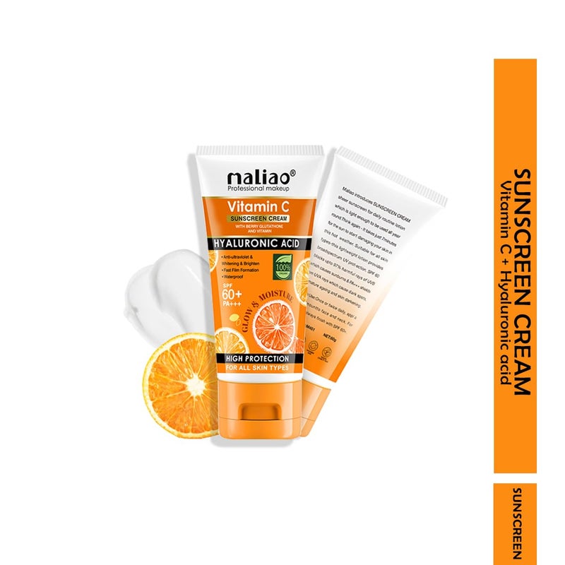 Maliao Vitamin C Sunscreen Cream SPF 60 PA  With Berry Glutathione  Hyaluronic Acid  Waterproof  Sweatproof  Brightening  AntiAging Sunblock  For All Skin Types  100g - Image 2