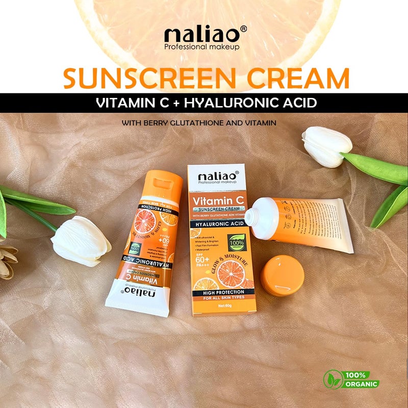 Maliao Vitamin C Sunscreen Cream SPF 60 PA  With Berry Glutathione  Hyaluronic Acid  Waterproof  Sweatproof  Brightening  AntiAging Sunblock  For All Skin Types  100g - Image 5