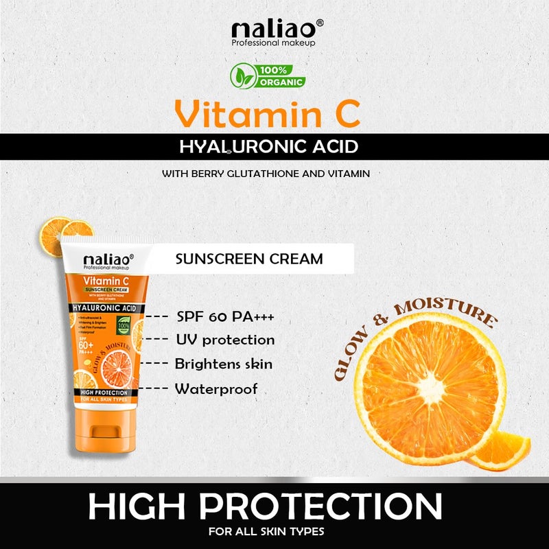 Maliao Vitamin C Sunscreen Cream SPF 60 PA  With Berry Glutathione  Hyaluronic Acid  Waterproof  Sweatproof  Brightening  AntiAging Sunblock  For All Skin Types  100g - Image 3