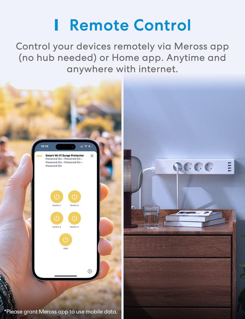 meross Connected Power Strip (Type F), 16A WiFi Power Strip Compatible with Apple HomeKit, Alexa and Google Home (4 AC Outlets and 4 USB Ports), WiFi Socket with Voice Control and Remote Control - Image 4