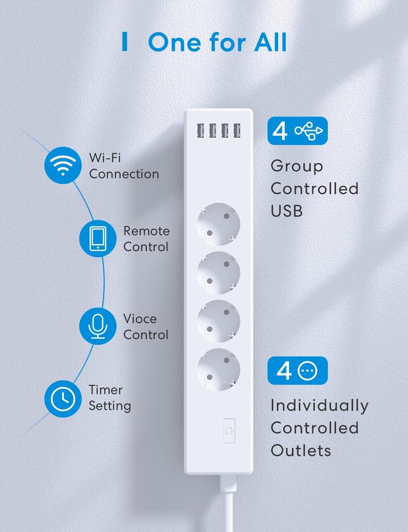 meross Connected Power Strip (Type F), 16A WiFi Power Strip Compatible with Apple HomeKit, Alexa and Google Home (4 AC Outlets and 4 USB Ports), WiFi Socket with Voice Control and Remote Control - Image 2