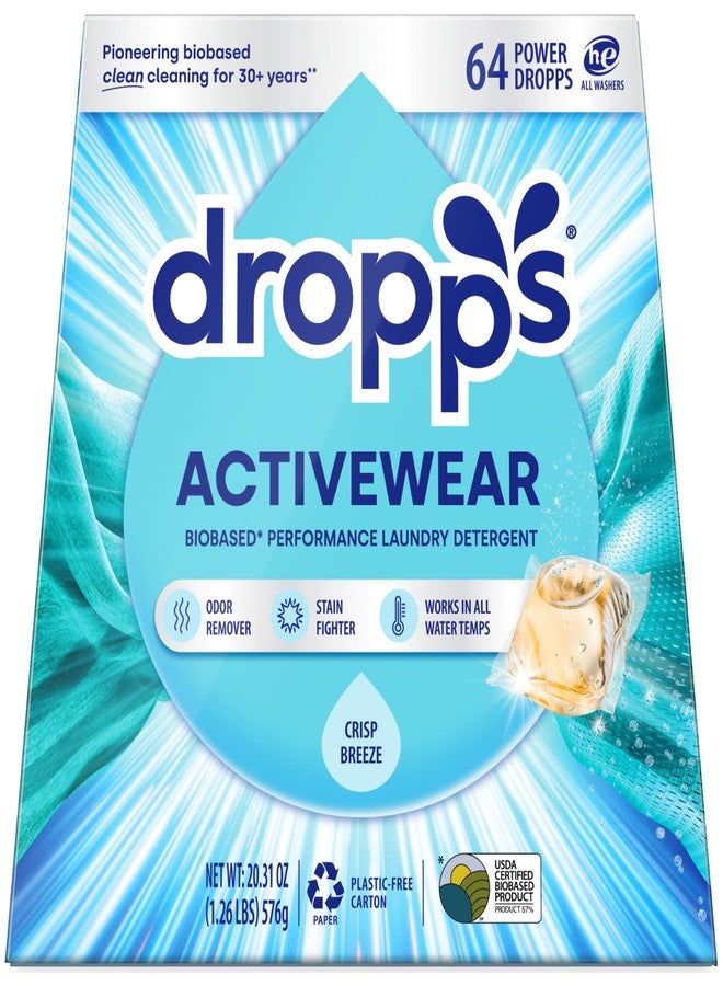 Dropps Activewear Biobased Power Laundry Detergent Pods, Crisp Breeze (64 Count) - Laundry Pods Fights Tough Stains & Odors, Sweat & Dirt - HE Compatible Laundry Supplies for Clean Clothes - Image 1