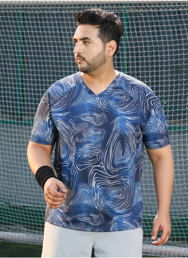 Instafab Plus Instafab Plus Men's Navy Blue Swirl-Lined Activewear T-Shirt For Casual Wear | V-Neck | Short Sleeves | Plus Size Jersey T-Shirt Crafted With Comfort Fit For Everyday Wear