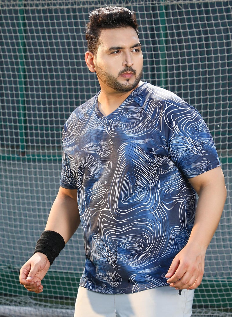 Instafab Plus Instafab Plus Men's Navy Blue Swirl-Lined Activewear T-Shirt For Casual Wear | V-Neck | Short Sleeves | Plus Size Jersey T-Shirt Crafted With Comfort Fit For Everyday Wear  - Image 3