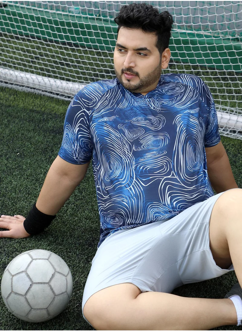 Instafab Plus Instafab Plus Men's Navy Blue Swirl-Lined Activewear T-Shirt For Casual Wear | V-Neck | Short Sleeves | Plus Size Jersey T-Shirt Crafted With Comfort Fit For Everyday Wear
