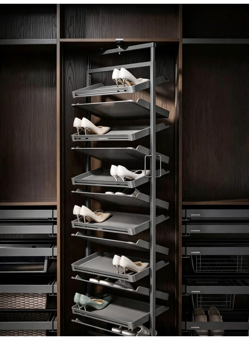NUOMI Rotating Shoe Rack Organizer – 10 Layer 360° Rotatable Shoe Storage Stand with Black Frame & Grey Wood Shelves for 20 Pairs - Image 3