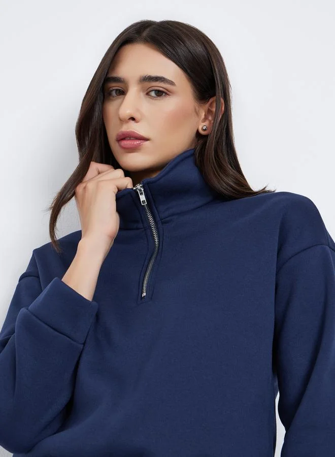 Styli Navy Blue Crop Sweatshirt with Half-Zip