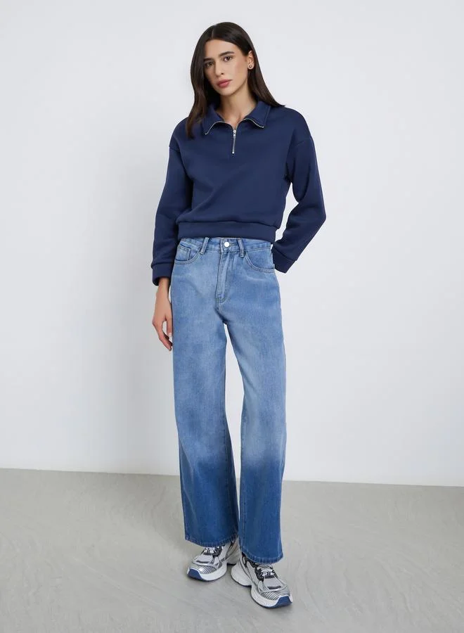 Styli Styli Navy Blue Crop Sweatshirt with Half-Zip