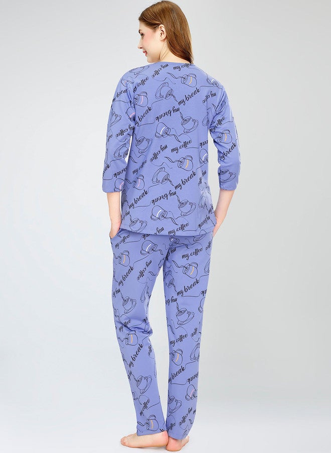 Zeyo Typography Printed Round Neck Pure Cotton Maternity Night Suit - Image 4