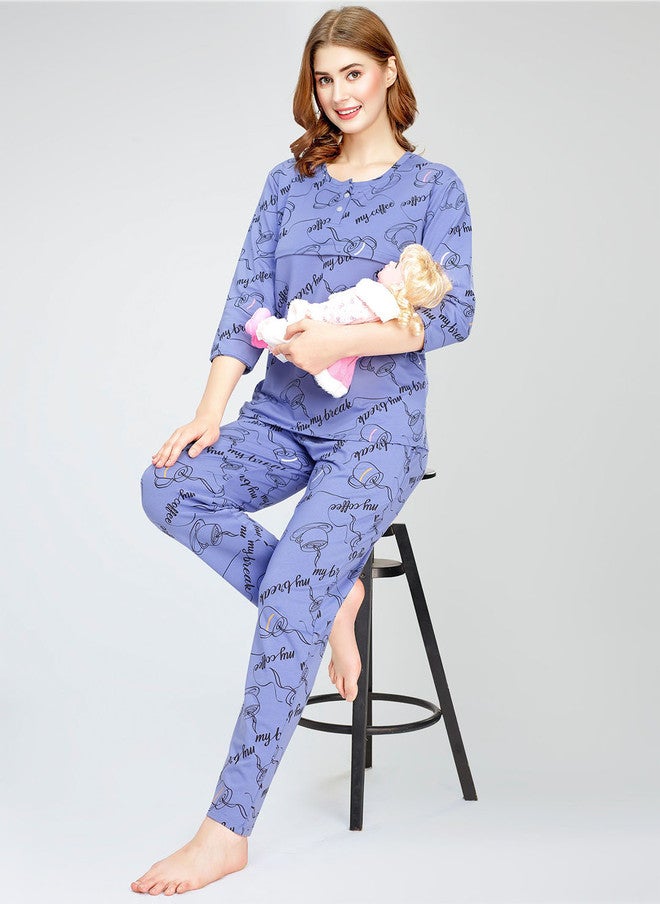 Zeyo Typography Printed Round Neck Pure Cotton Maternity Night Suit - Image 1