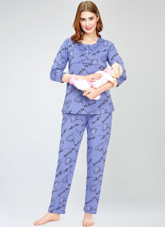 Zeyo Typography Printed Round Neck Pure Cotton Maternity Night Suit - Image 5