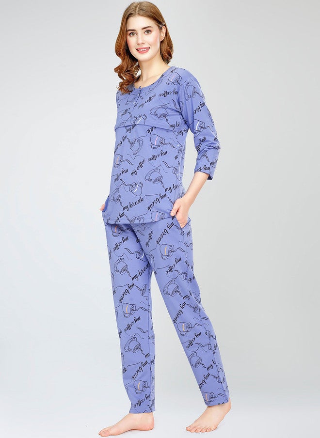 Zeyo Typography Printed Round Neck Pure Cotton Maternity Night Suit - Image 3