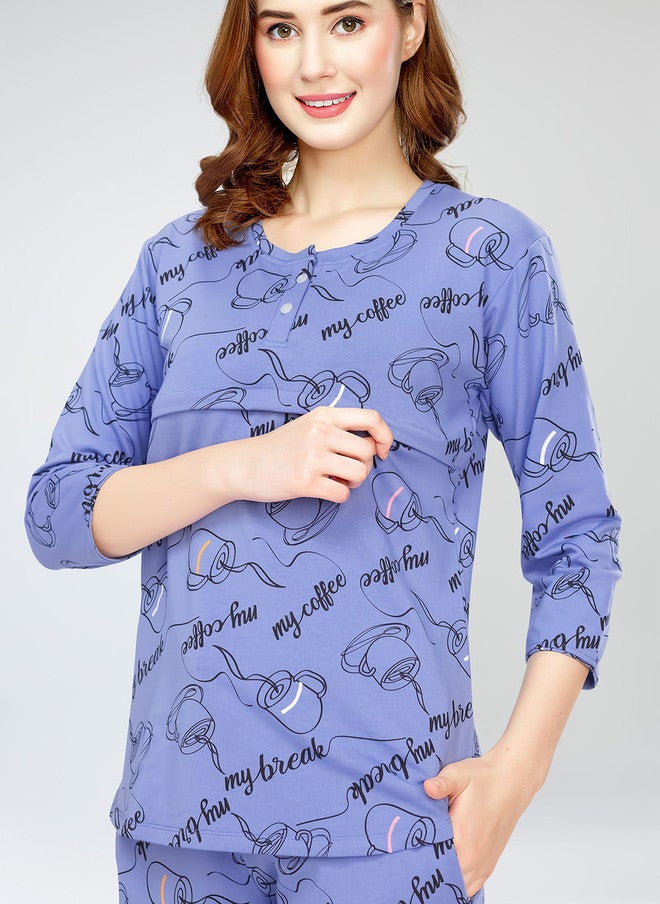 Zeyo Typography Printed Round Neck Pure Cotton Maternity Night Suit - Image 2