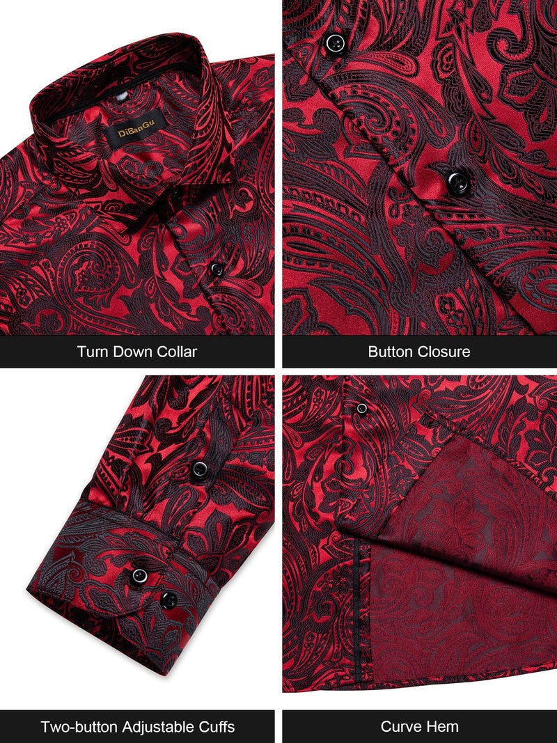 DiBanGu Mens Silk Paisley Dress Shirts,Long Sleeve Button Down Shirt Casual Regular Fit Shirt for Men Wedding Party, Burgundy, XX-Large - Image 4