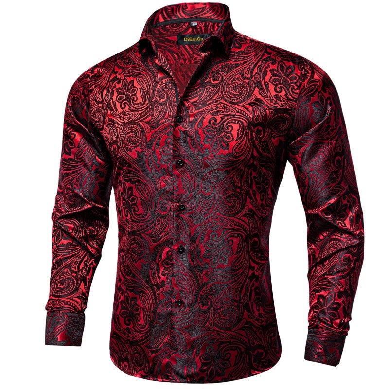 DiBanGu Mens Silk Paisley Dress Shirts,Long Sleeve Button Down Shirt Casual Regular Fit Shirt for Men Wedding Party, Burgundy, XX-Large - Image 2