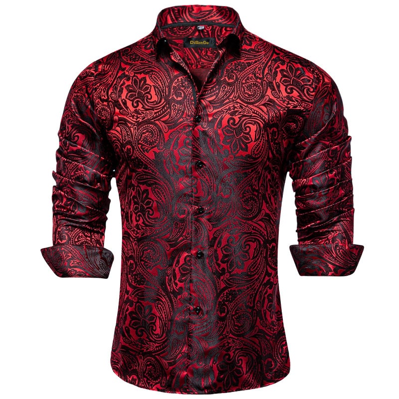 DiBanGu Mens Silk Paisley Dress Shirts,Long Sleeve Button Down Shirt Casual Regular Fit Shirt for Men Wedding Party, Burgundy, XX-Large - Image 1