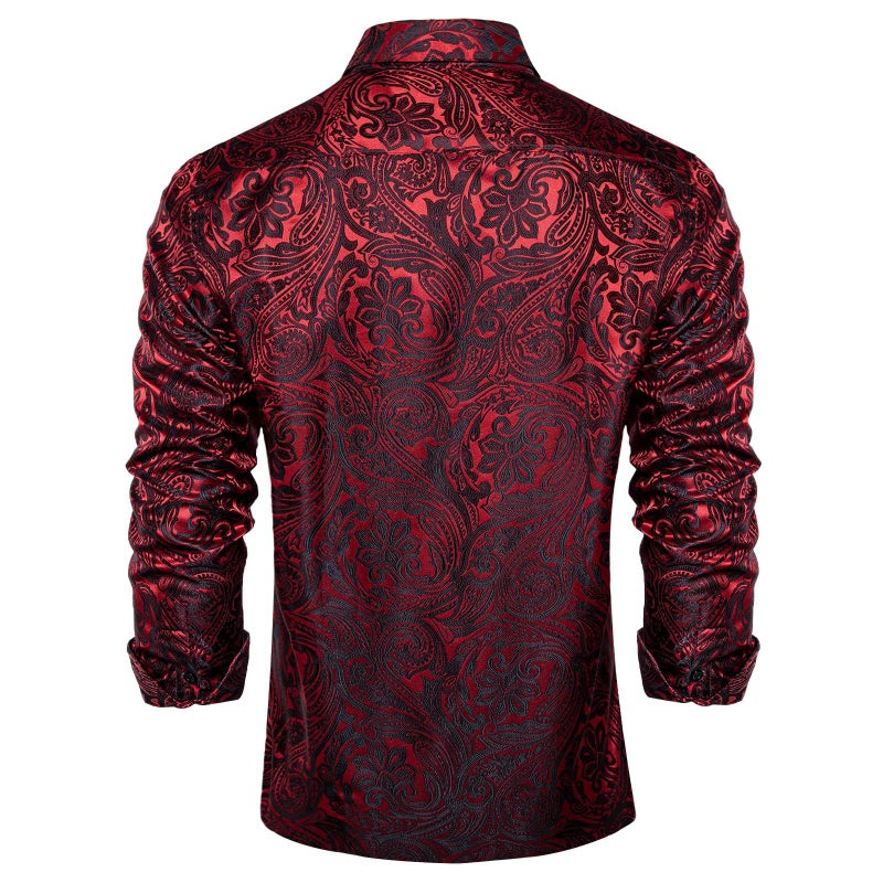 DiBanGu Mens Silk Paisley Dress Shirts,Long Sleeve Button Down Shirt Casual Regular Fit Shirt for Men Wedding Party, Burgundy, XX-Large - Image 3