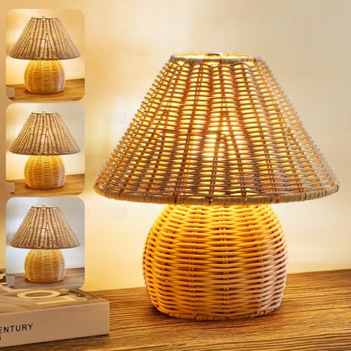 WERFOP Bamboo Table Lamp Handmade Boho Rattan Bedside Lamp,3 Colors Adjustable Vintage Wicker Wooden Nightstand Lamp with E26 Bulb for Bedroom Living Room Desk Entrance - Image 1