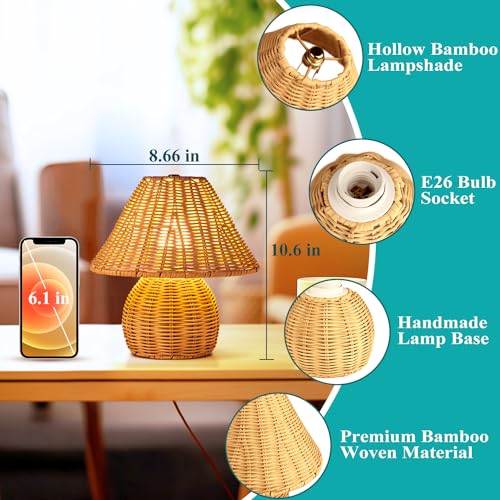 WERFOP Bamboo Table Lamp Handmade Boho Rattan Bedside Lamp,3 Colors Adjustable Vintage Wicker Wooden Nightstand Lamp with E26 Bulb for Bedroom Living Room Desk Entrance - Image 3