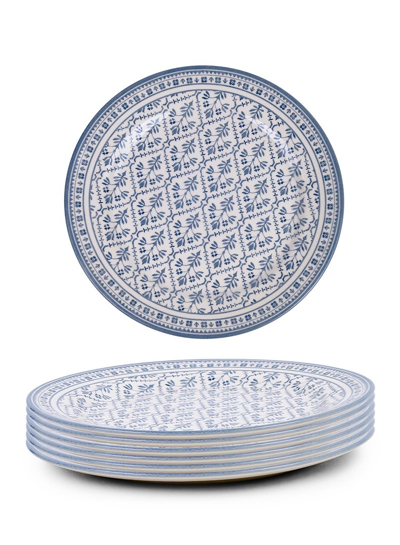 Claytan Plethora 9 inch Printed Ceramic Soup Plate (Blue & White, Set of 6) - Image 1
