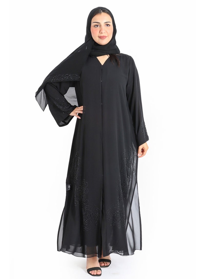 اكسا عباية إماراتية فاخرة بتطريز كريستال يدوي أسود - Image 1