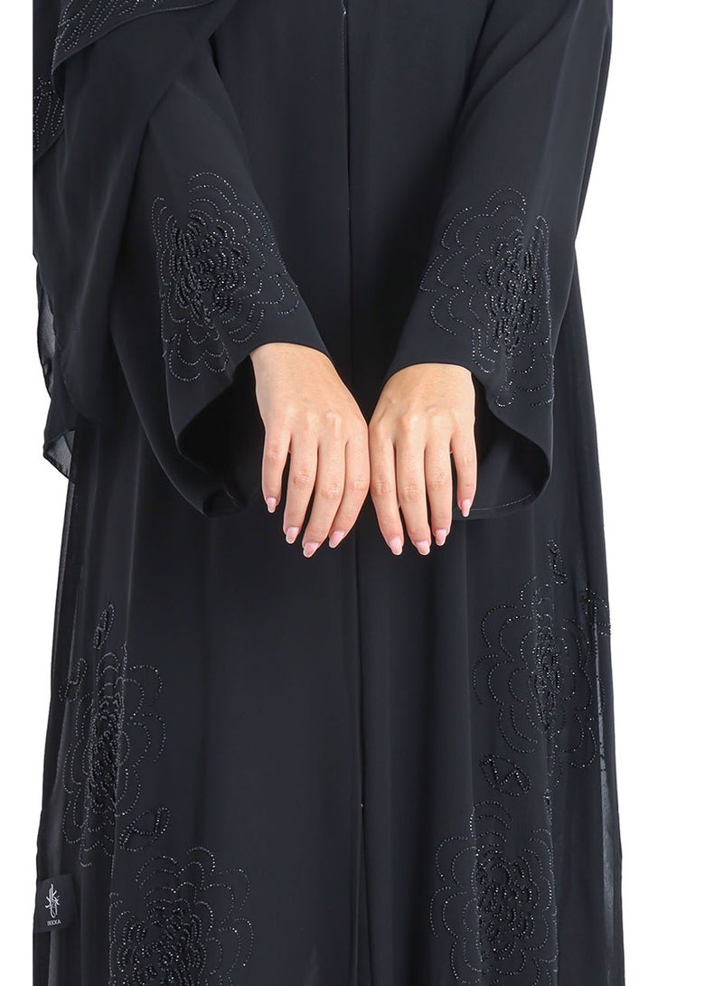 اكسا عباية إماراتية فاخرة بتطريز كريستال يدوي أسود - Image 3