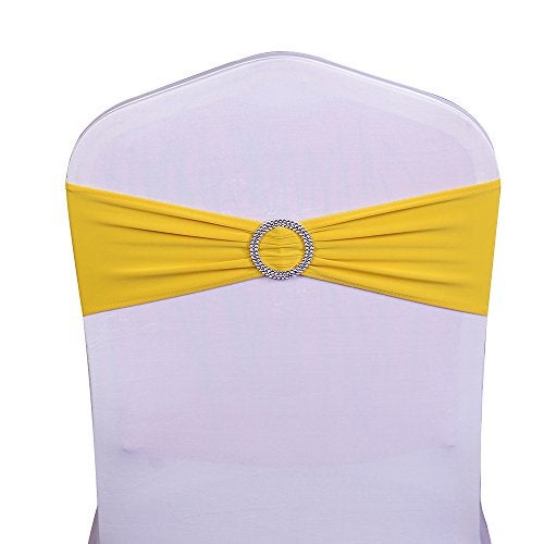 SINSSOWL 100PCS Stretch Wedding Yellow Chair Sashes Bands with Buckle Slider Sashes Bow Decorations 25 Colors (Yellow) … - Image 2