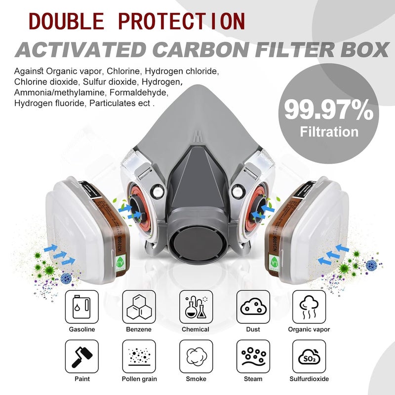 Serplex طقم قناع التنفس ® مع نظارات مضادة للضباب، فلاتر 6001 وفلاتر قطنية، قناع غاز كيميائي قابل لإعادة الاستخدام للرسم، الغاز، الغبار، اللحام، الأبخرة العضوية، راتنج الإيبوكسي - Image 3