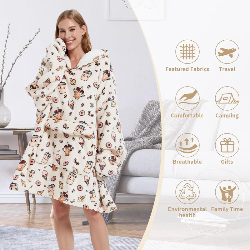 Fiosnow Doughnut and Coffee Blanket Hoodies for Women and Men Adult Oversize Wearable Blanket Hoodies for Soft and Warm - Image 4