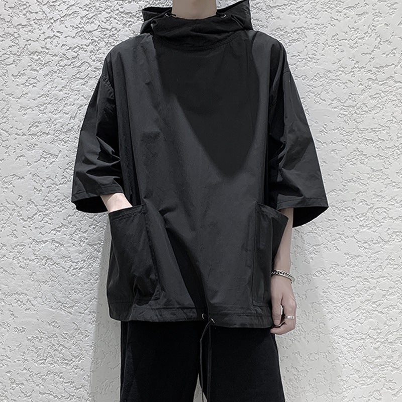 Summer Trendy Ins Harajuku Style Boys Hooded Short-sleeved Sweatshirt Thin Jacket Loose Trendy Hooded Half-sleeved T-shirt Black  - Image 2