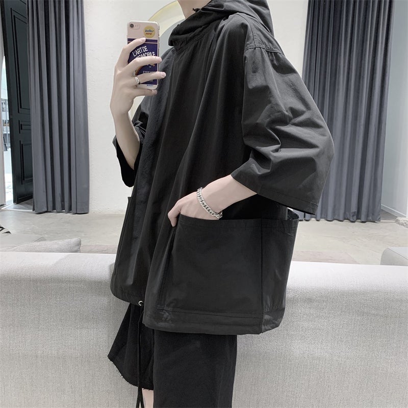 Summer Trendy Ins Harajuku Style Boys Hooded Short-sleeved Sweatshirt Thin Jacket Loose Trendy Hooded Half-sleeved T-shirt Black  - Image 4