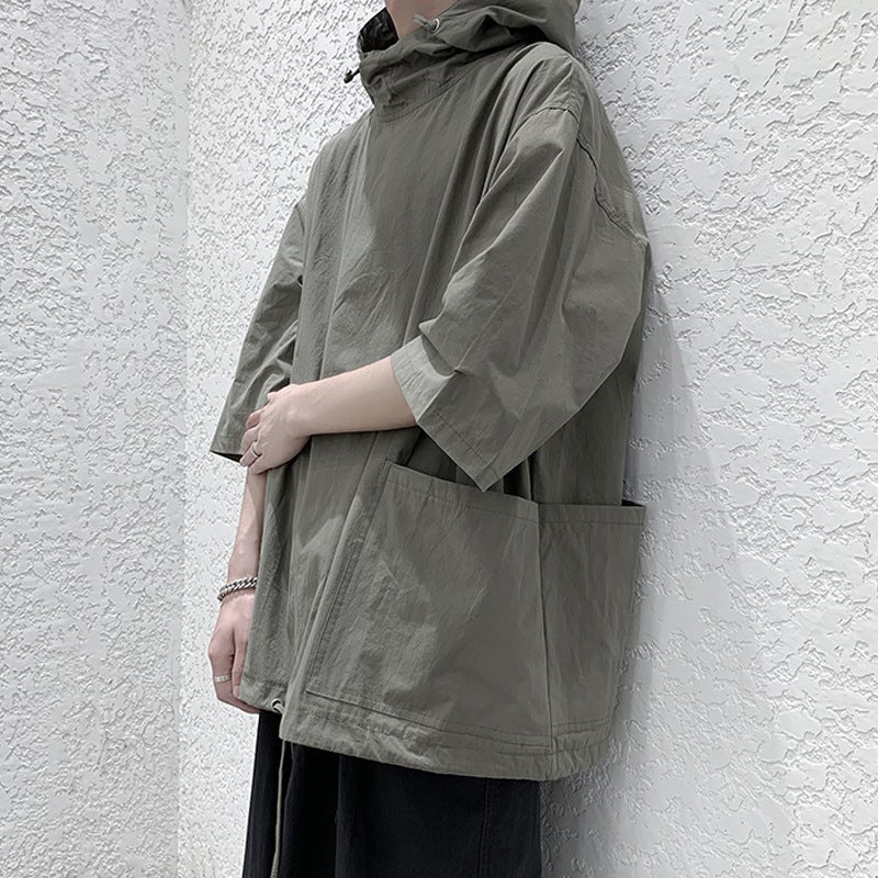 Summer Trendy Ins Harajuku Style Boys Hooded Short-sleeved Sweatshirt Thin Jacket Loose Trendy Hooded Half-sleeved T-shirt Black  - Image 3