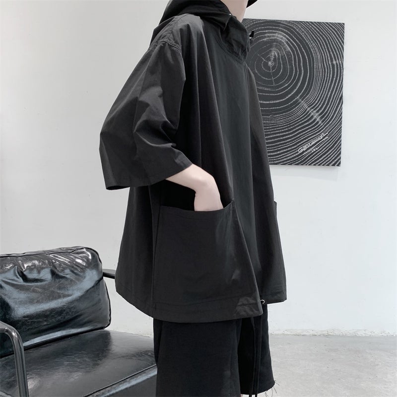 Summer Trendy Ins Harajuku Style Boys Hooded Short-sleeved Sweatshirt Thin Jacket Loose Trendy Hooded Half-sleeved T-shirt Black  - Image 1