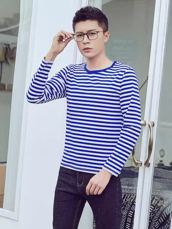 Live Supply Cotton Long Sleeve Sea Soul Shirt T-Shirt Blue And White Stripes For Men And Women Couples Navy Shirt A Generation Of Hair - Image 2
