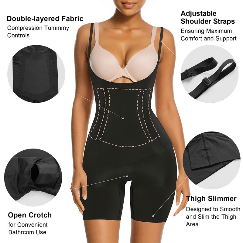 SHAPERX Shapewear for Women Tummy Control Open Bust Thigh Slimmer Body Shaper, SZ2490293-Black-L - Image 3