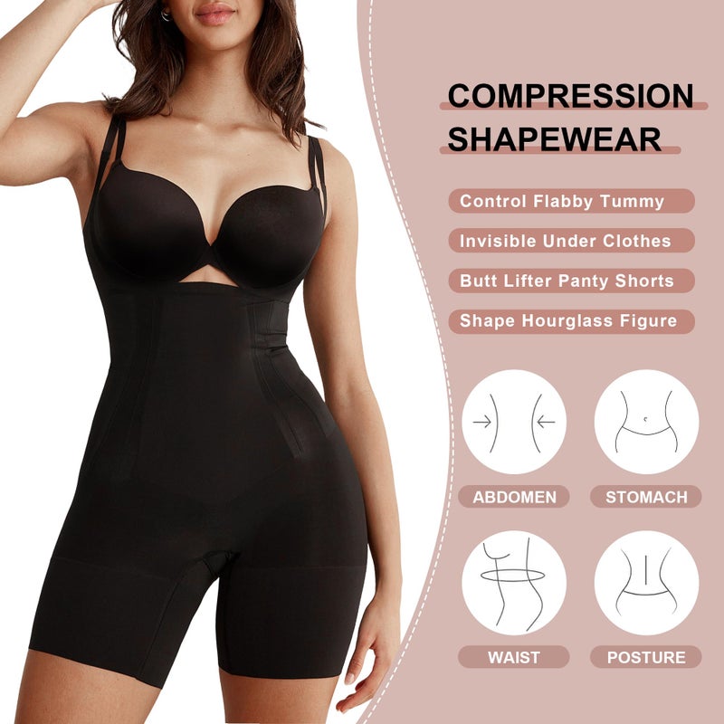 SHAPERX Shapewear for Women Tummy Control Open Bust Thigh Slimmer Body Shaper, SZ2490293-Black-L - Image 4