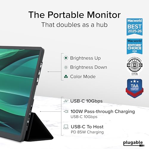 Plugable 156 USBC Portable Monitor with 100W PassThrough Charging 2X USBC 10Gbps Hub FHD 1920x1080 IPS Display for Mac Windows iPad Smartphone 185lbs Travel CoverStand Included - Image 3
