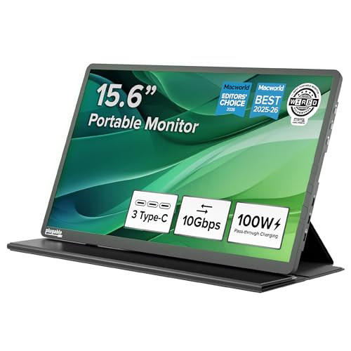 Plugable 156 USBC Portable Monitor with 100W PassThrough Charging 2X USBC 10Gbps Hub FHD 1920x1080 IPS Display for Mac Windows iPad Smartphone 185lbs Travel CoverStand Included - Image 1