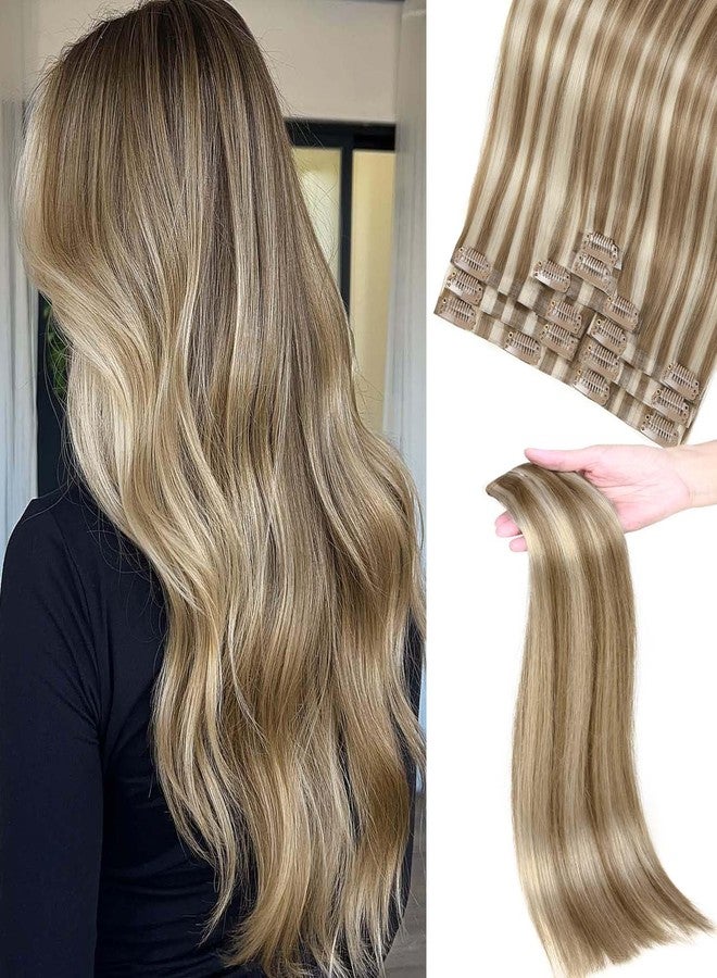 WIGNEE Seamless Clip In Hair Extensions Human Hair Clip In Hair Extension Mixed Brown Ash Blonde PU Clip Ins Straight Hair Clips for Women Invisible Real Hair Clip In Hairpiece 8PCS (9A/60#) - Image 1