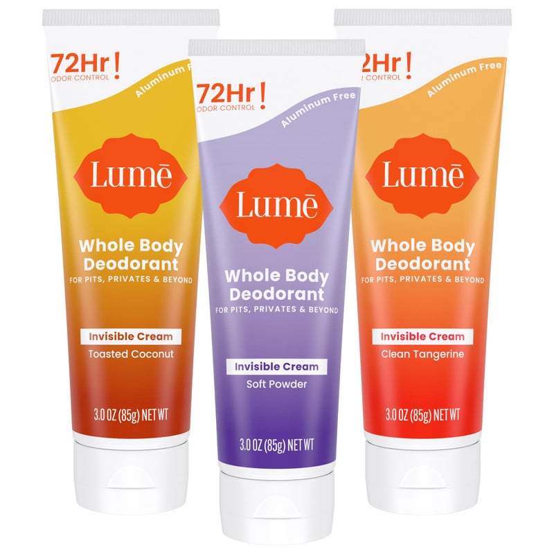 Lume Whole Body Deodorant - Invisible Cream Tube - 72 Hour Odor Control - Aluminum Free, Baking Soda Free, Skin Safe - 3.0 ounce (Pack of 3) (Toasted Coconut, Soft Powder & Clean Tangerine) - Image 1