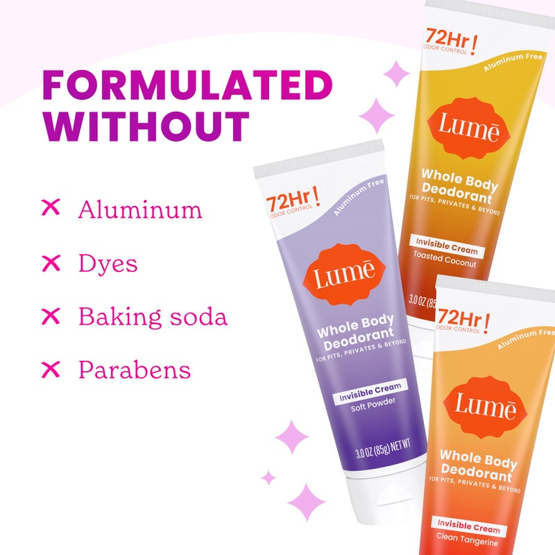 Lume Whole Body Deodorant - Invisible Cream Tube - 72 Hour Odor Control - Aluminum Free, Baking Soda Free, Skin Safe - 3.0 ounce (Pack of 3) (Toasted Coconut, Soft Powder & Clean Tangerine) - Image 3