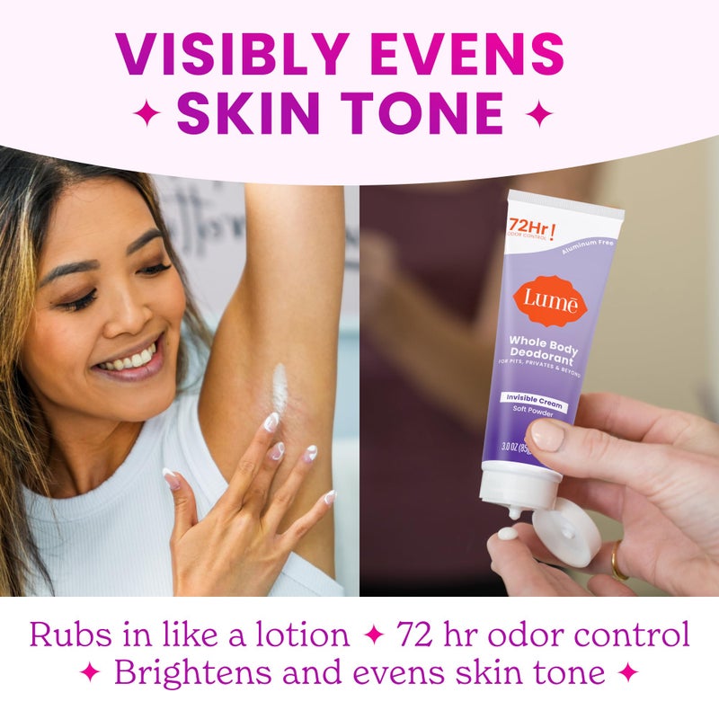 Lume Whole Body Deodorant - Invisible Cream Tube - 72 Hour Odor Control - Aluminum Free, Baking Soda Free, Skin Safe - 3.0 ounce (Pack of 3) (Toasted Coconut, Soft Powder & Clean Tangerine) - Image 5