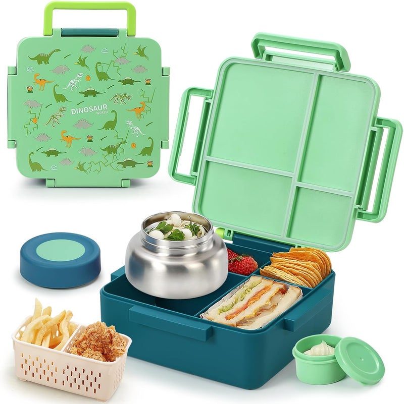 Norxely Bento Box for Kids with Thermos, [Large Capacity] Insulated Kids Lunch Box with 4 Compartment for Ages 3+, Drop-Proof & Dishwasher Safe Lunchbox Container Green - Image 1